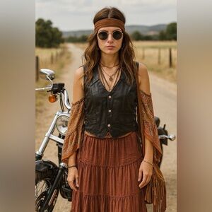 Vintage UNIK Black Leather Lace-Up Vest Boho Biker Western Festival Size M/L